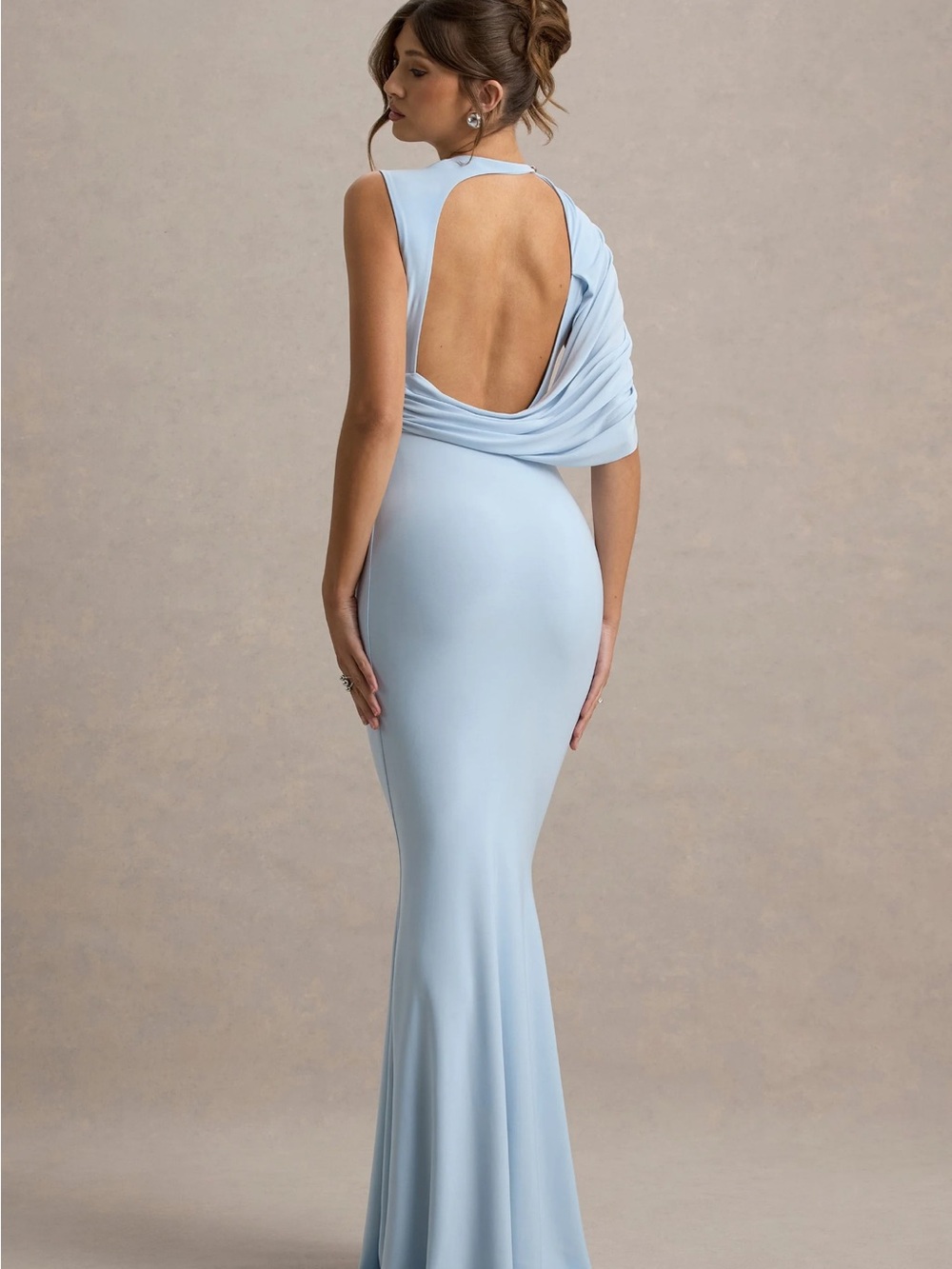 Club L London Pale Blue Backless Draped Evening Gown